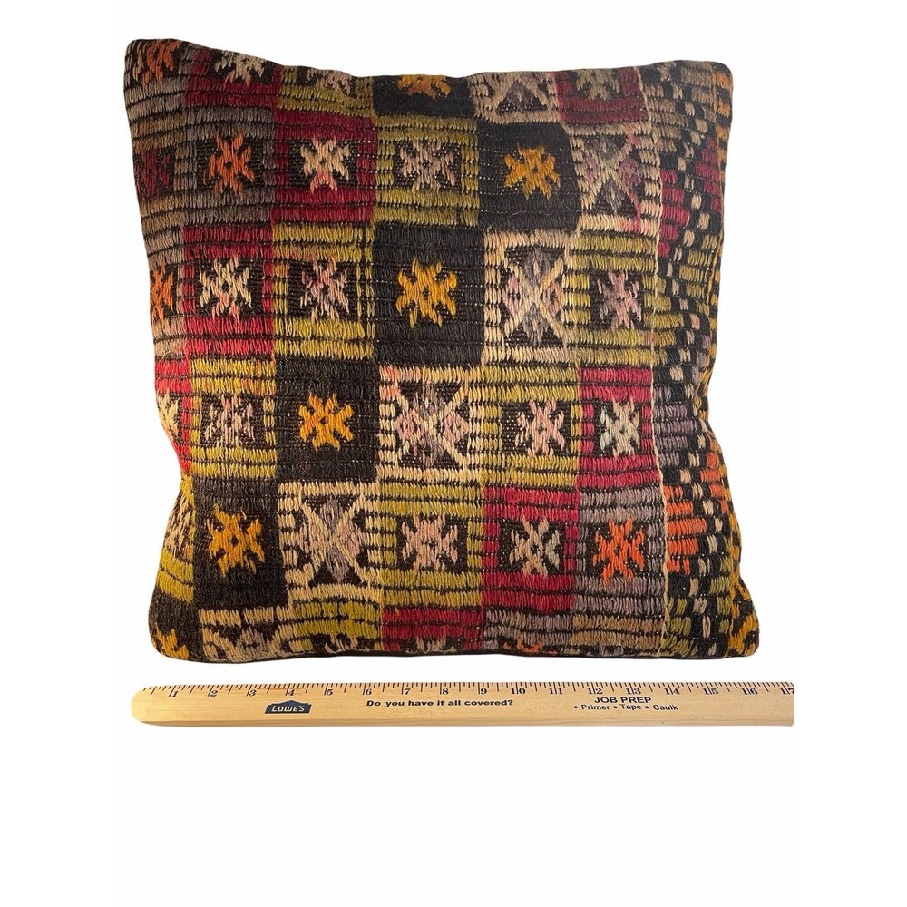 Handmade Turkish Pillow Case 16x16"Geometric Boho Cushion | Ethnic Tribal Design